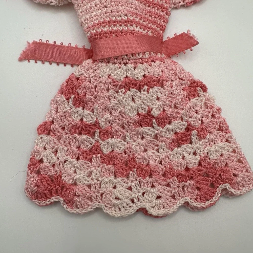 VTG Crochet Cotton Barbie Doll Dress Pink Variegated Ribbon Bead Knee‎ Length - Picture 4 of 5